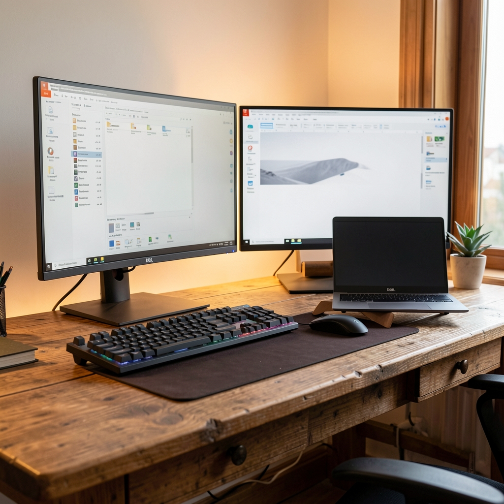Setup profesional de birou remote work cu dual monitor 27 inch, tastatură mecanică Keychron, laptop Dell deschis pe stand, iluminare ambientală caldă, birou din lemn masiv
