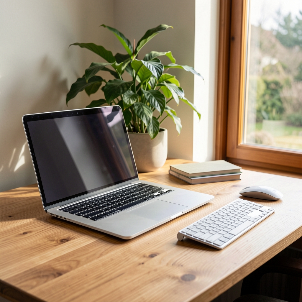 Spațiu de lucru remote complet: birou din lemn natural, laptop deschis, tastatură wireless, plantă verde, fereastră cu lumină naturală