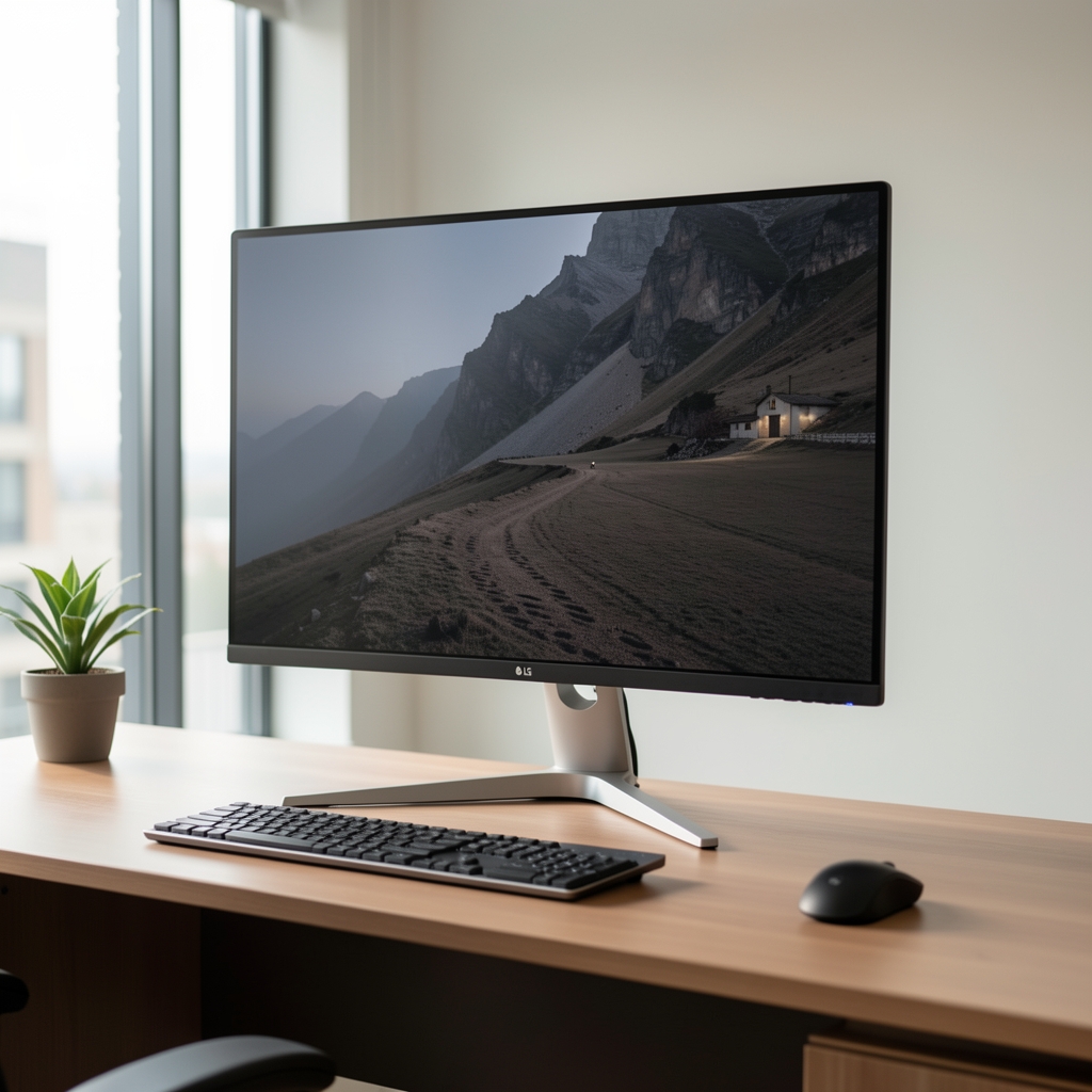 Monitor LG UltraFine 27 inchi 4K cu ecran IPS, suport ergonomic reglabil și margini ultra-subțiri pe birou profesional